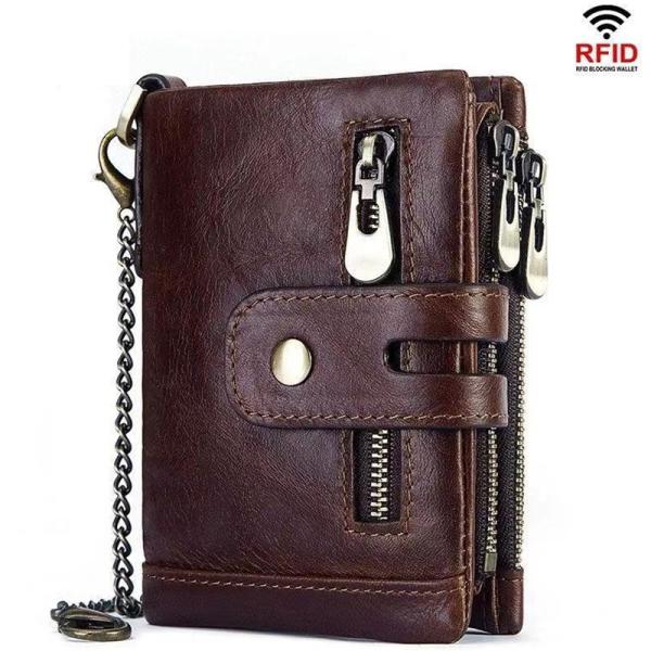 Buy cheap Wallet Men's RFID Anti-theft Brush Vertical Top Layer Oil Wax Leather Multifunctional Double Zipper Leather Wallet from wholesalers