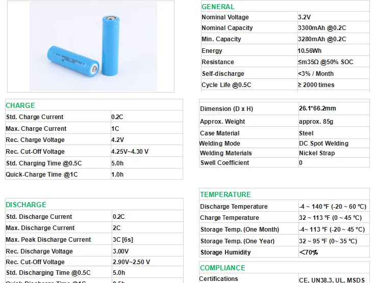 26650 3.2V LiFePO4 High Discharge Rate Batteries Cells 3300mAh For Solar Light