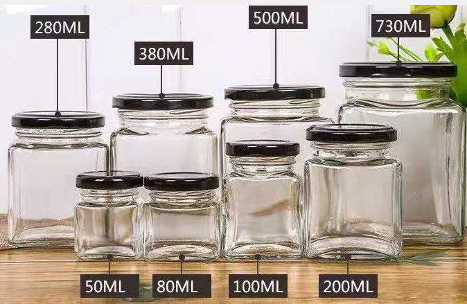 Classic Square Candy Vegetable Salad Jam Honey Jar And Spoon 50ml-730ml With Screw Cap