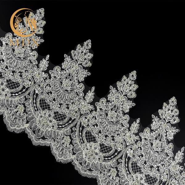 Buy cheap OEM White Scalloped Beaded Bridal Lace Trim Embroidery 80% Nylon from wholesalers