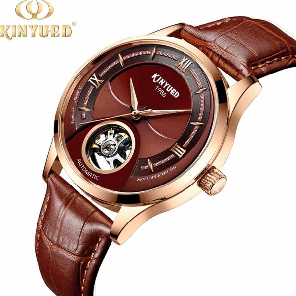 KINYUED genuine leather tourbillon mens automatic watch skeleton mechanical