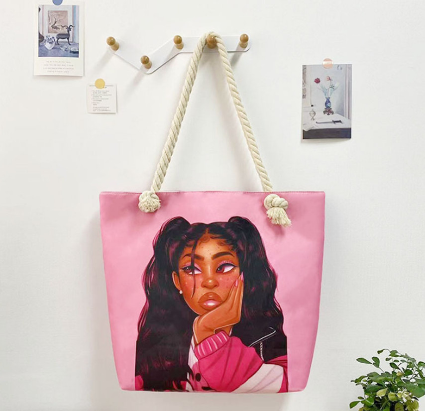 Women Cute Girl Mother Gift Canvas Tote Bag Shopping Black African Style Casual
