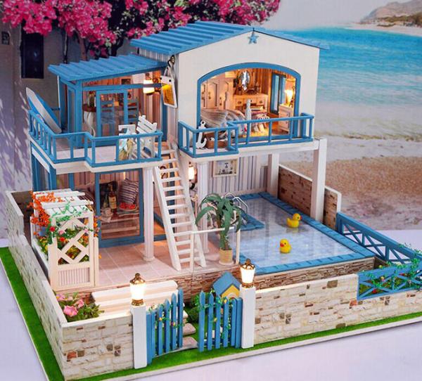 Dollhouse, DIY Lights plush House, Wooden Model, Luxury villas, Seaview,
