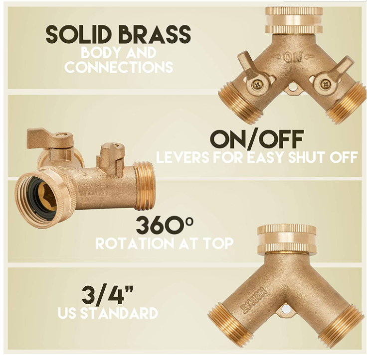 Brass Garden Hose Connector Tap Splitter with 2 Valves and 2 Washers Connect Fittings