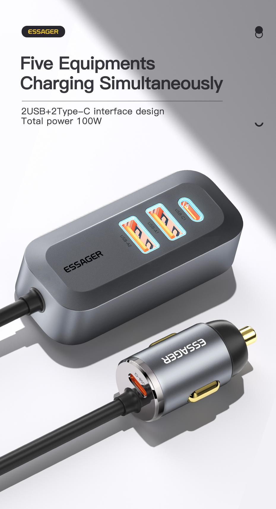 Essager 2022 Doution Car Back Row Expansion 1.5m Grey 100W Fast Charging Car Charger (2USB+2Type-C)