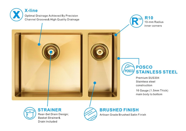 Nano PVD Gold Undermount Stainless Steel Kitchen Sink Without Faucet