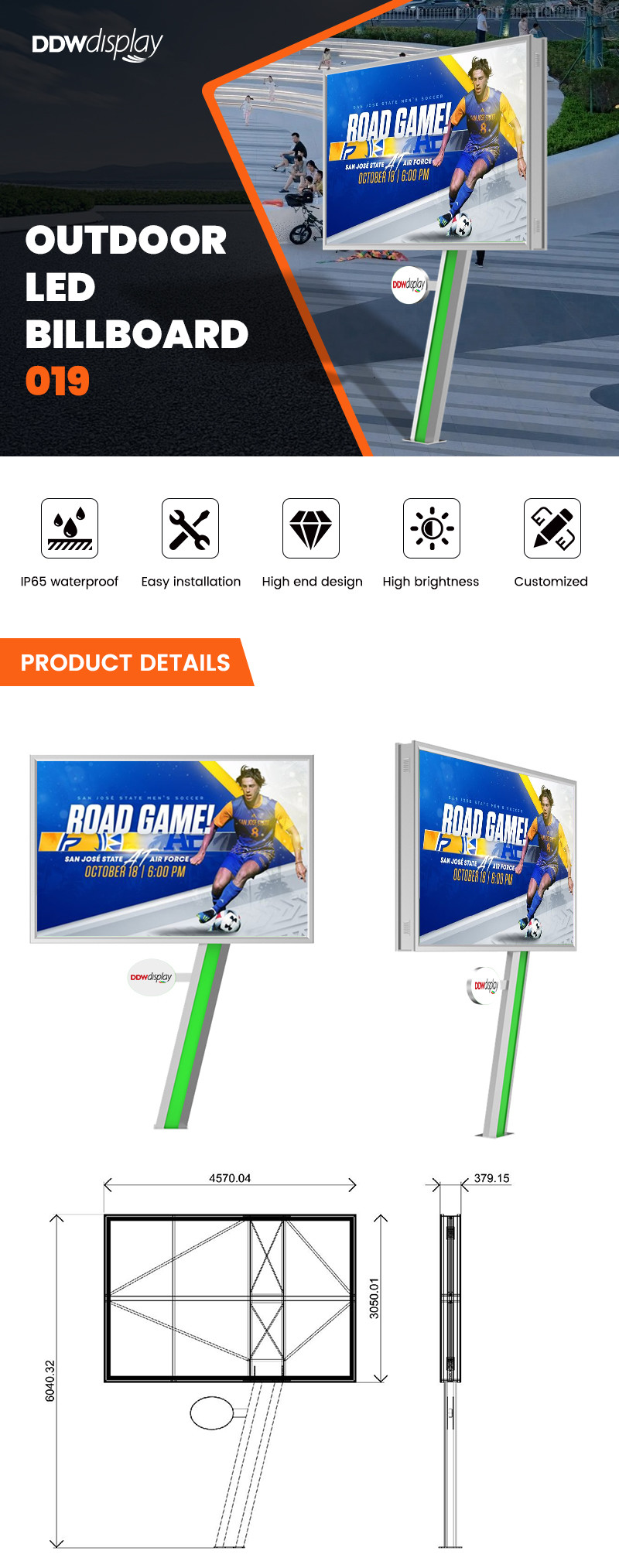 Easy installation digital display 8000nits IP65 P6 6mm pixel pitch steel led screen billboard outdoor advertising