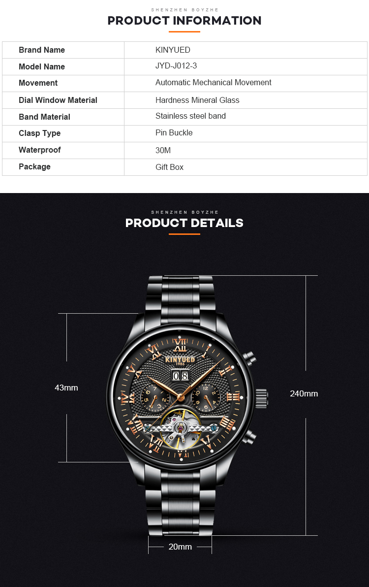 Fashion Stainless Steel Tourbillon Movement Mens Watch Waterproof KINYUED Automatic Mechanical Watches