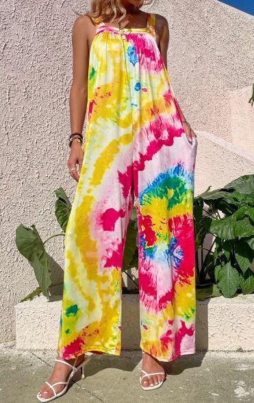 Buy cheap Low Moq Clothing Manufacturer Women'S Casual Loose Jumpsuits Printed Strap Wide Leg Pants With Pockets from wholesalers