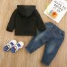 Buy cheap 130CM Boys 6 Years Outfit Sets Black Hooded Jacket Dark Blue Ripped Jeans from wholesalers