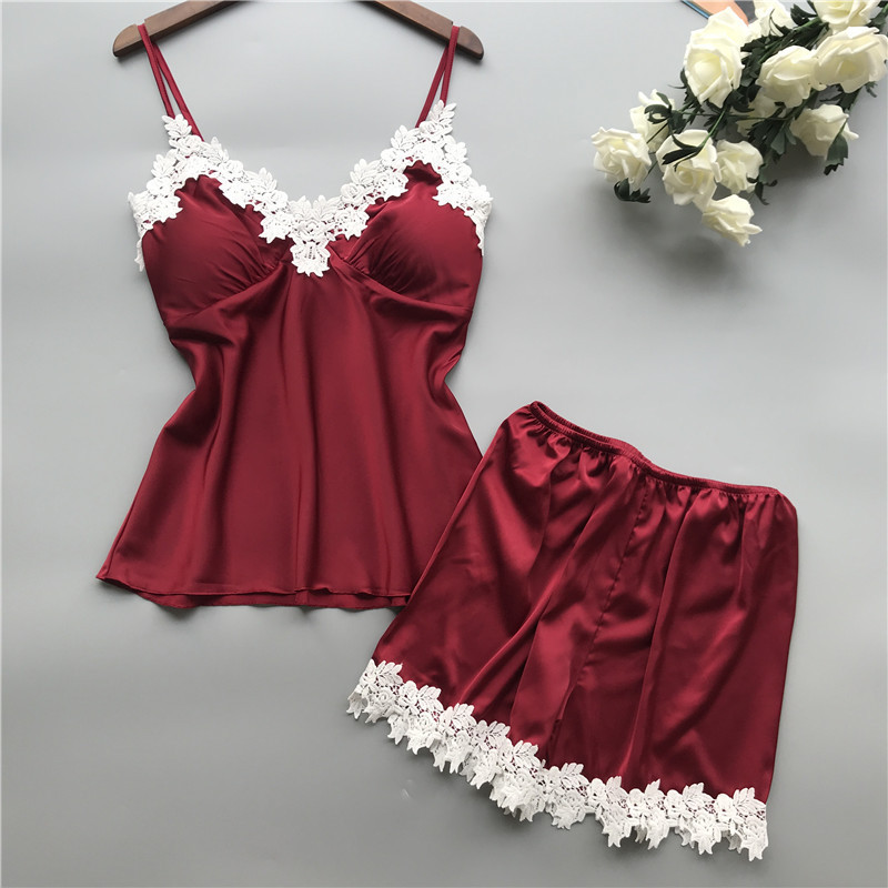Breathable Women Pajamas Sleepwear Satin Two Piece Lace Lingerie Set V Neck