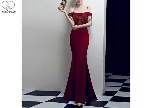Buy cheap Sling Sexy Burgundy Mermaid Style Prom Dress Off Shoulder Short Sleeve Tassels from wholesalers
