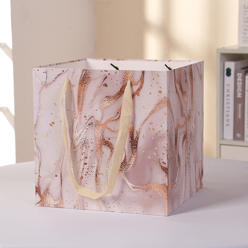 Custom Color Accepted White Card Square Bag with Marble Gift Bag and Flower Window