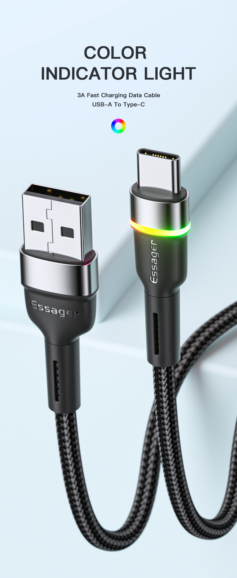 Color Indicator LED Light USB A To C Cable Fast Charging 3A USA Stock