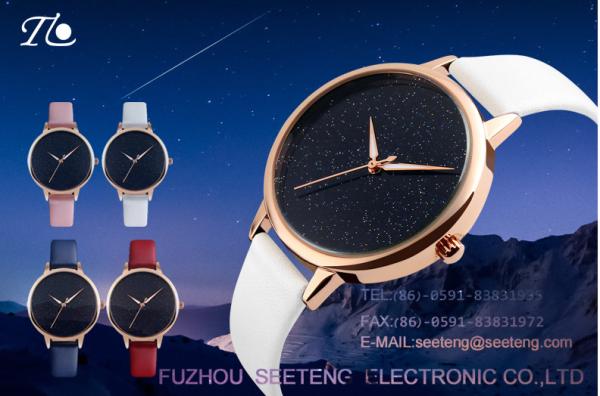 Buy cheap Simple and clean starry sky dial golden alloy case ladies watch with colorful pu leather strap from wholesalers