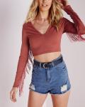 2018 ladies latest design fringe long sleeve off shoulder crop top