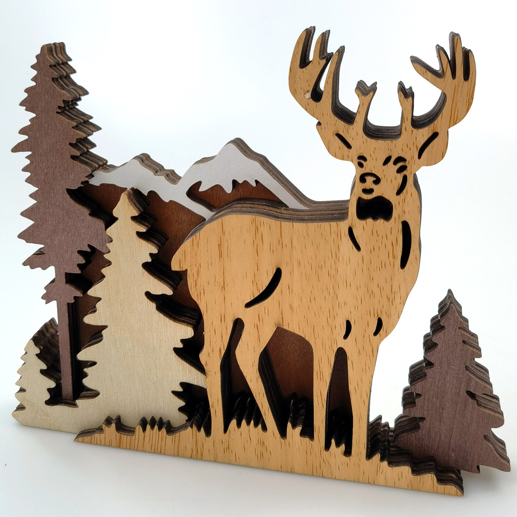 Desktop Decor Wood Carved Elk Decor Elk Statue Wood Deer 3D Multi-Layer Animal