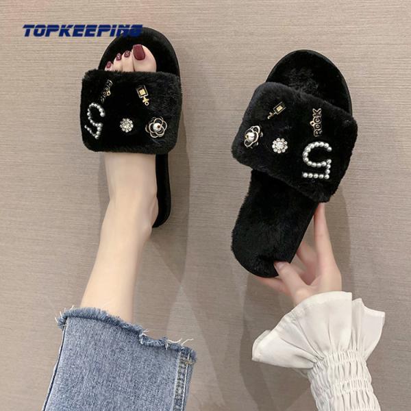 Buy cheap Bead Decoration Ladies Fluffy Sliders With PVC Outsole from wholesalers