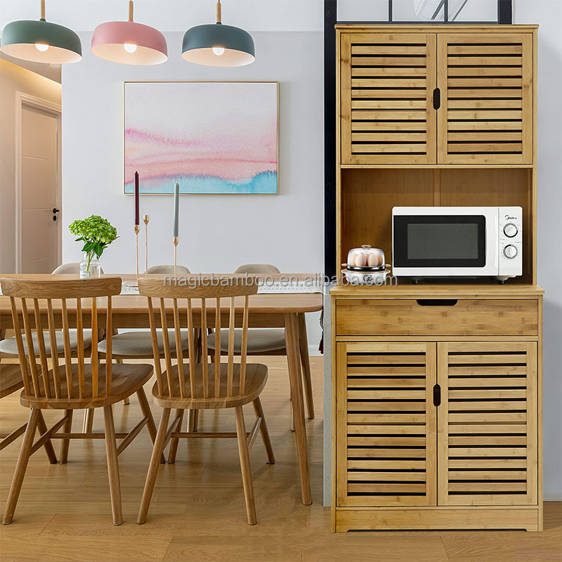 Kitchen Freestanding Bamboo Corner Cabinet Storage With Microwave Stand And Shelves