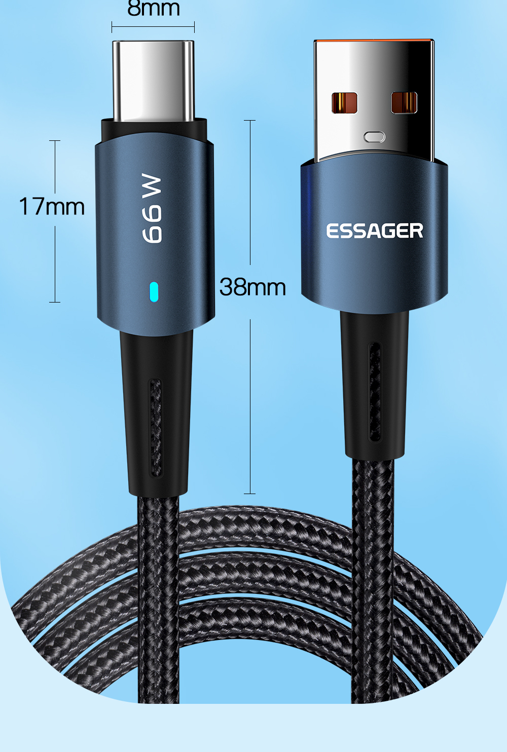 Sunset USB A To C Charging Cable 66W 6A 0.5m 1m 2m 3m USB2.0 480Mbps