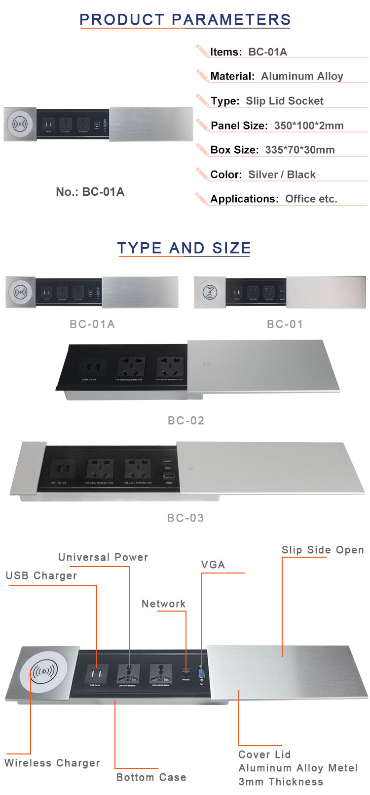 BNT New Customization Multi-function Desktop Outlet Slip Lid Cover Sockets with Qi Wireless Charger