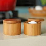 Round Bamboo Salt Box WithLaser Engraving Logo Magnetic Lid Spice Container Good
