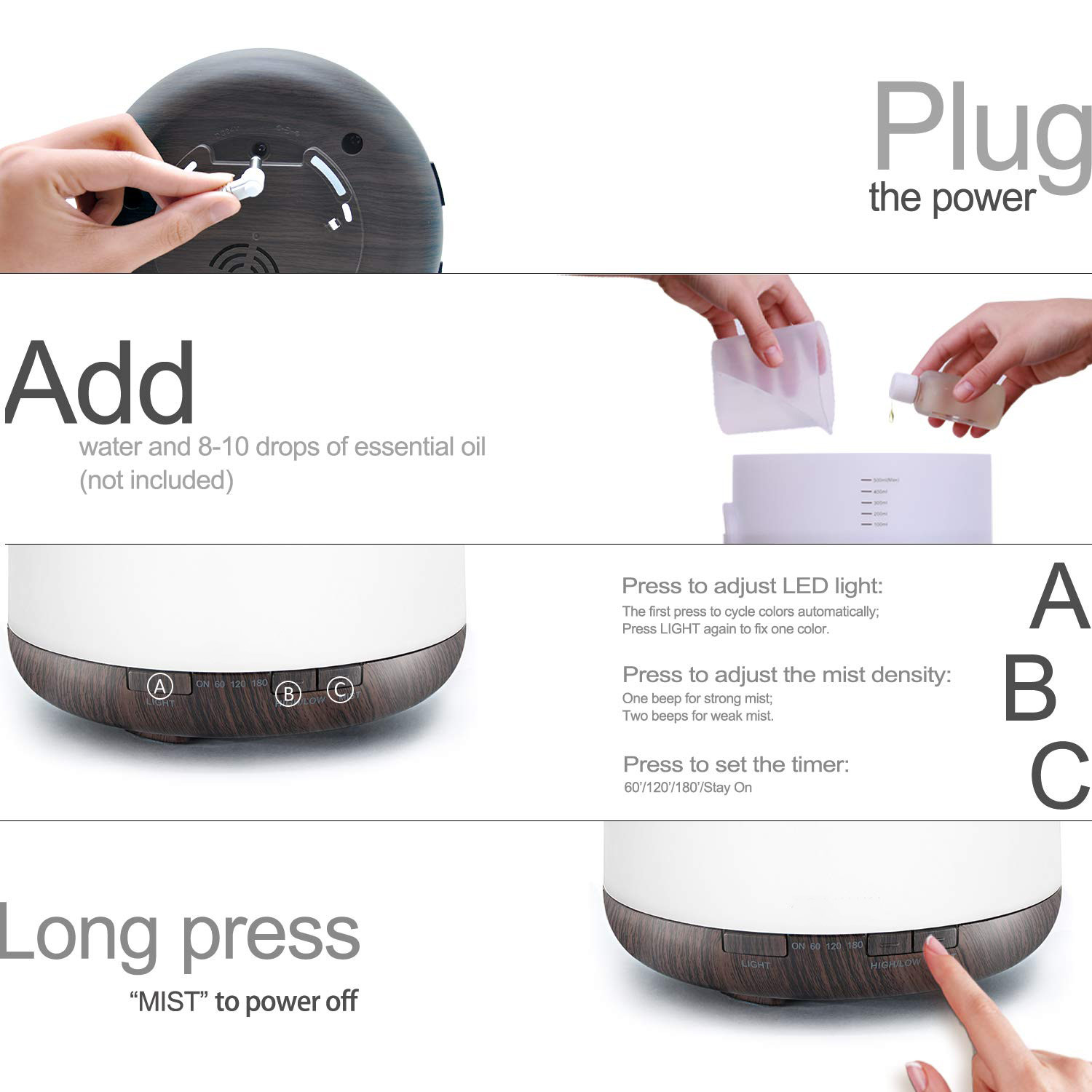 500ml Ultrasonic Diffusers with Remote Control and Adjustable Mist Mode& Waterless Auto-Off