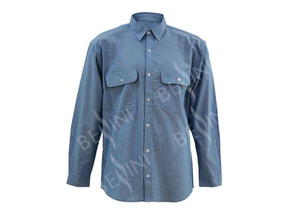 Buy cheap Men's 100%Cotton Chambray Blue Work Shirt Long Sleeve Chest Pockets Detailed Sleeve Band from wholesalers