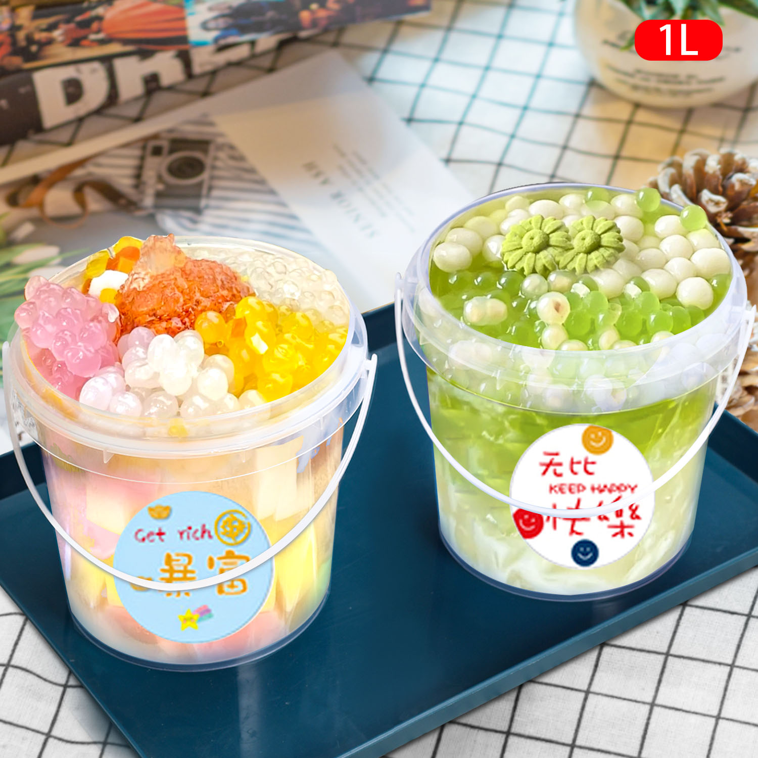 1L Clear Customized Ice Cream Milk Plastic Bucket With Lid And Handle Ideal For Water