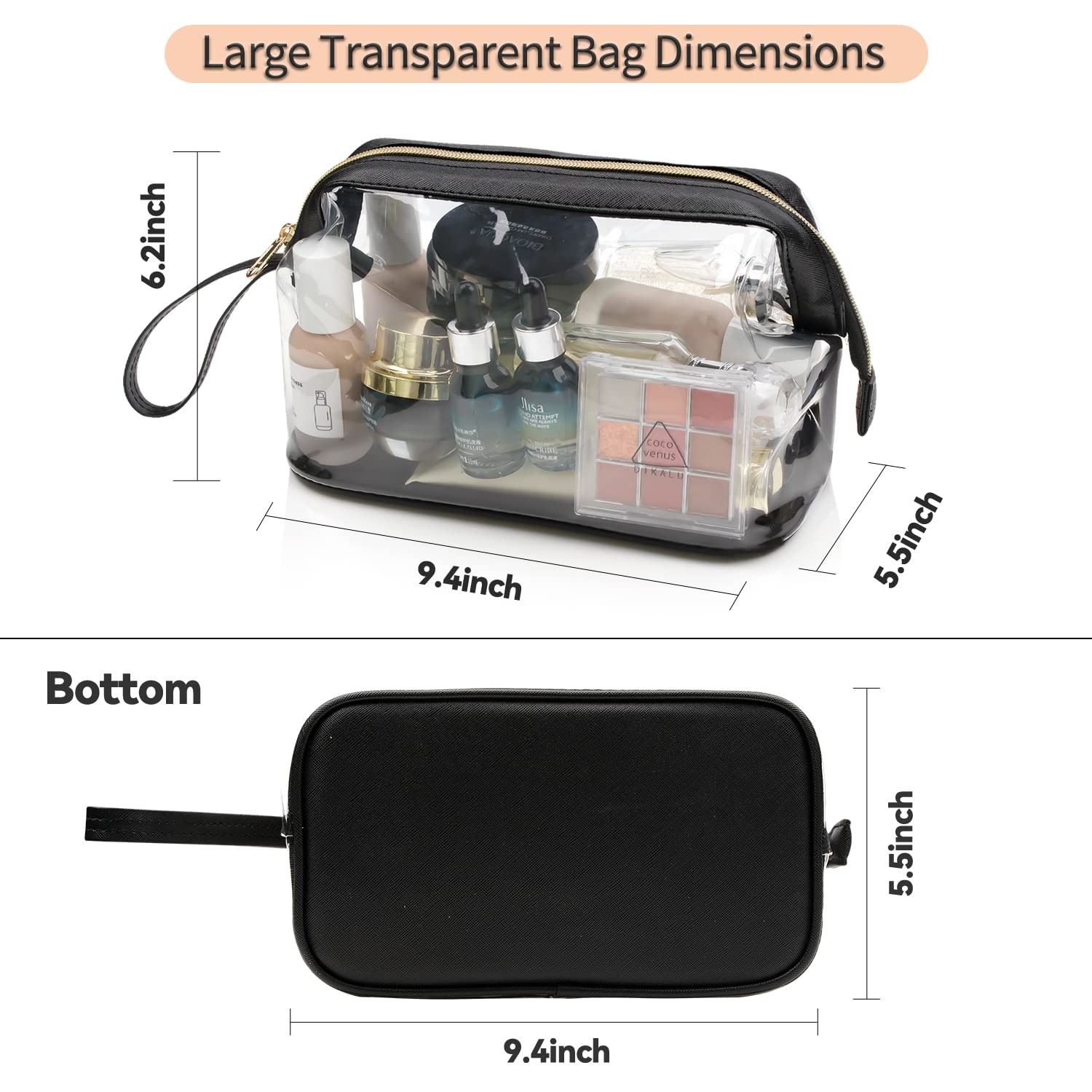 Large Travel Cosmetic Bag Waterproof Transparent Big Makeup Bags Pouch with Zipper, Clear Toiletry Bag for Women