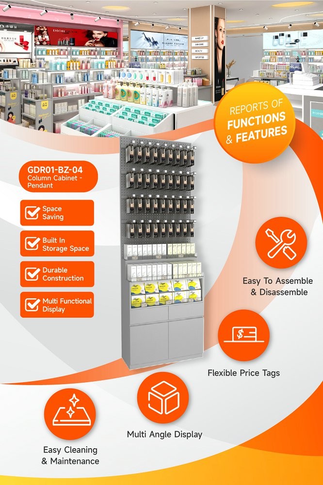 GDR01-BZ-04 Retail Display Column with Grey Melamine and 40 Adjustable Hooks for Cosmetics Retail