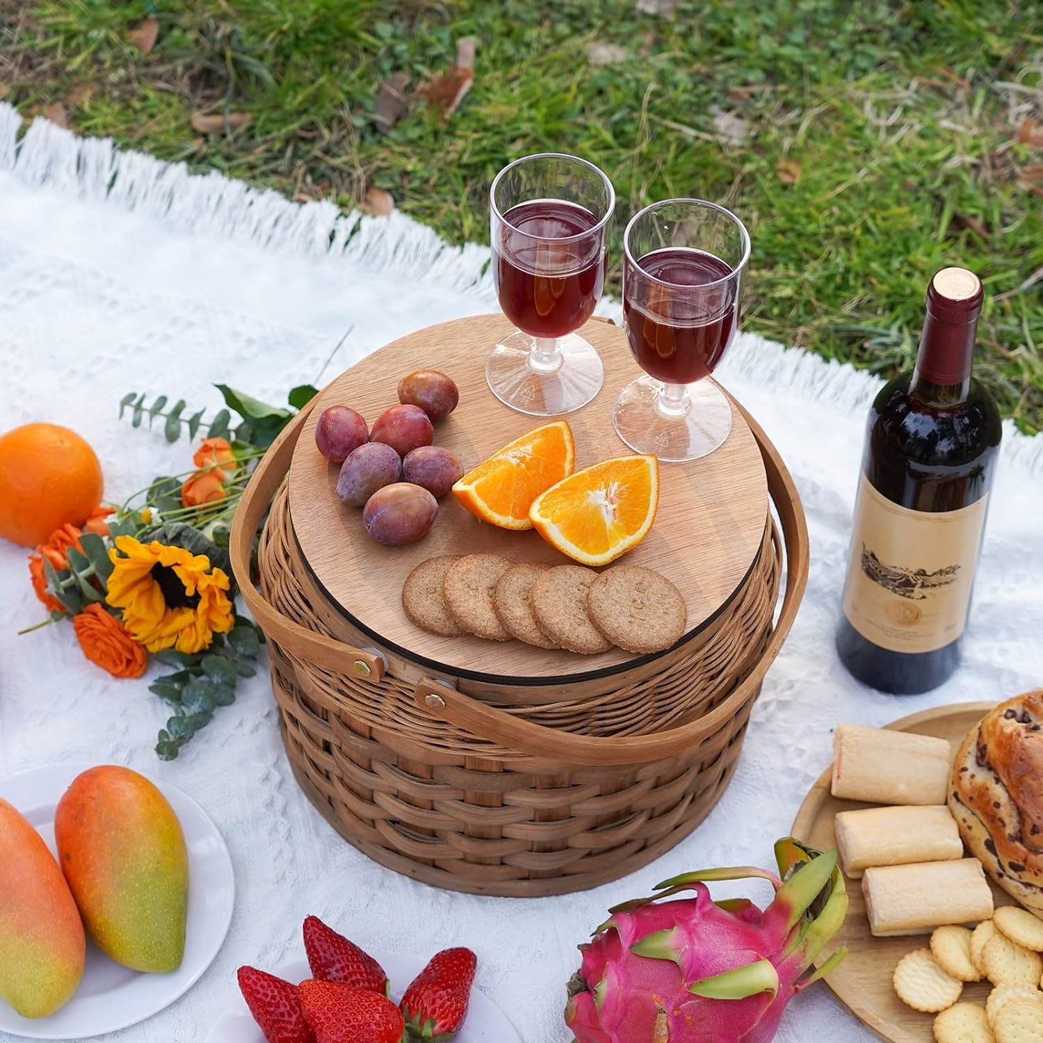 Small Picnic Baskets with Insulated Cooler, Picnic Basket Hamper for 2, Woodchip Wicker Basket,