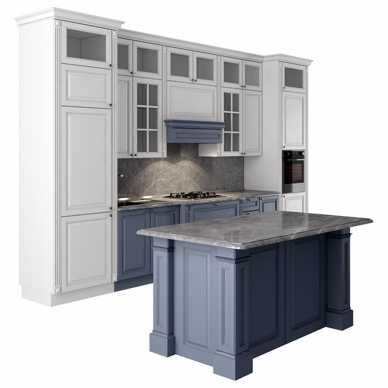 Modern Modular Kitchen Cabinets In Wood Finish Black Stone Countertop With Fireplace And Sink