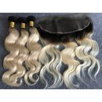 Long Russian Ombre Human Hair Extensions Body Wave With Ear to Ear 13"x4" Lace