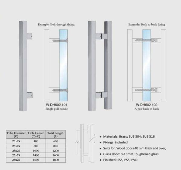 Buy cheap SUS304 Stainless Steel entry door handles set square tub H design W-DH602 glass door handle wooden door handles from wholesalers