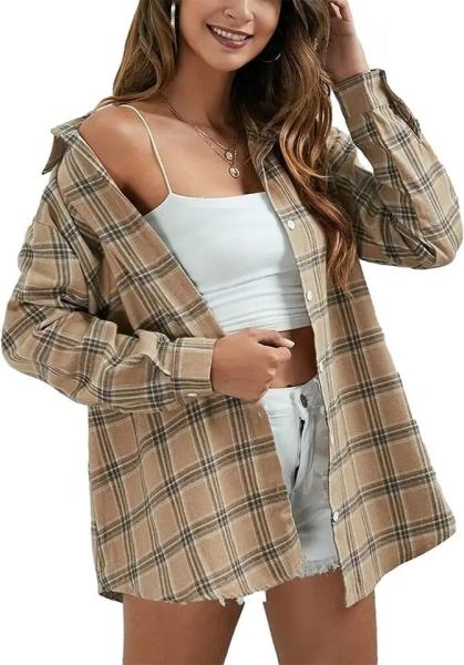 Fashion Women′s Flannel Plaid Shirt Button-Down Regular Fitted Long-Sleeved