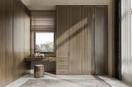Elegant Light Brown Wood Grain Wardrobe With Yellow Accents And Rich Dark Wood