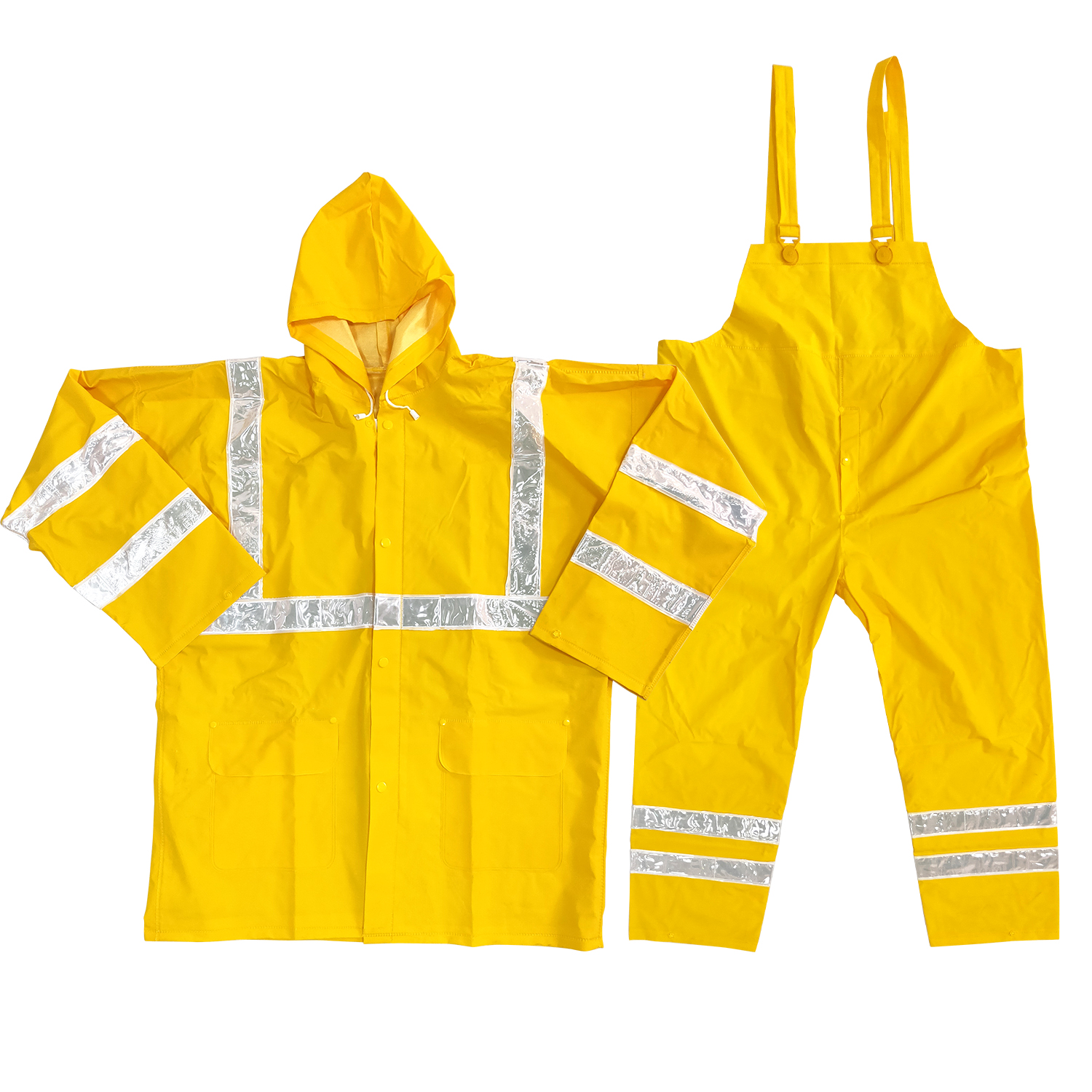 PVC Polyester Hooded Rain Suit Durable Rain Jacket Bib Pants Two Piece Rain Wear Unisex Work Outdoor Coat with Reflective Strips