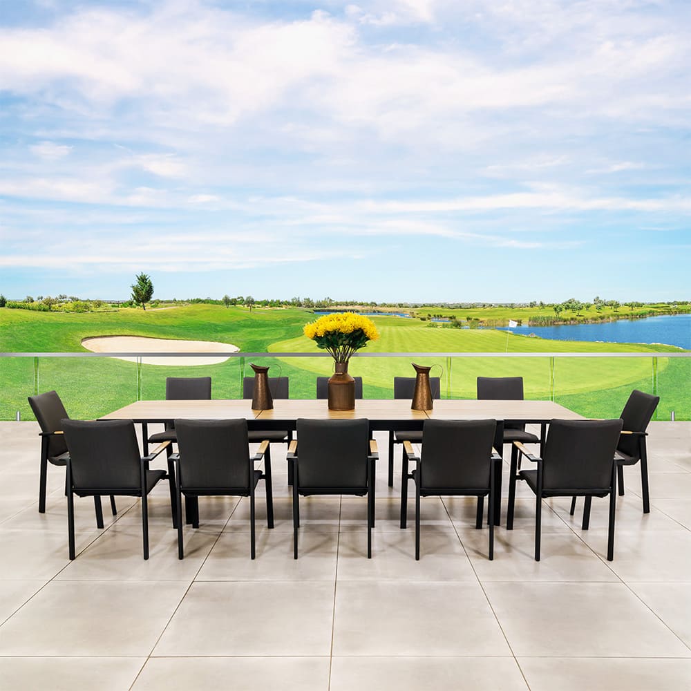 Extendable Teak Wood Tabletop Outdoor Dining Set for 12 Seat Cushioned Outdoor Chairs