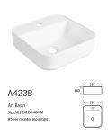 Porcelain White Square Vessel Bathroom Sink Countertop Smooth 385X385X140MM