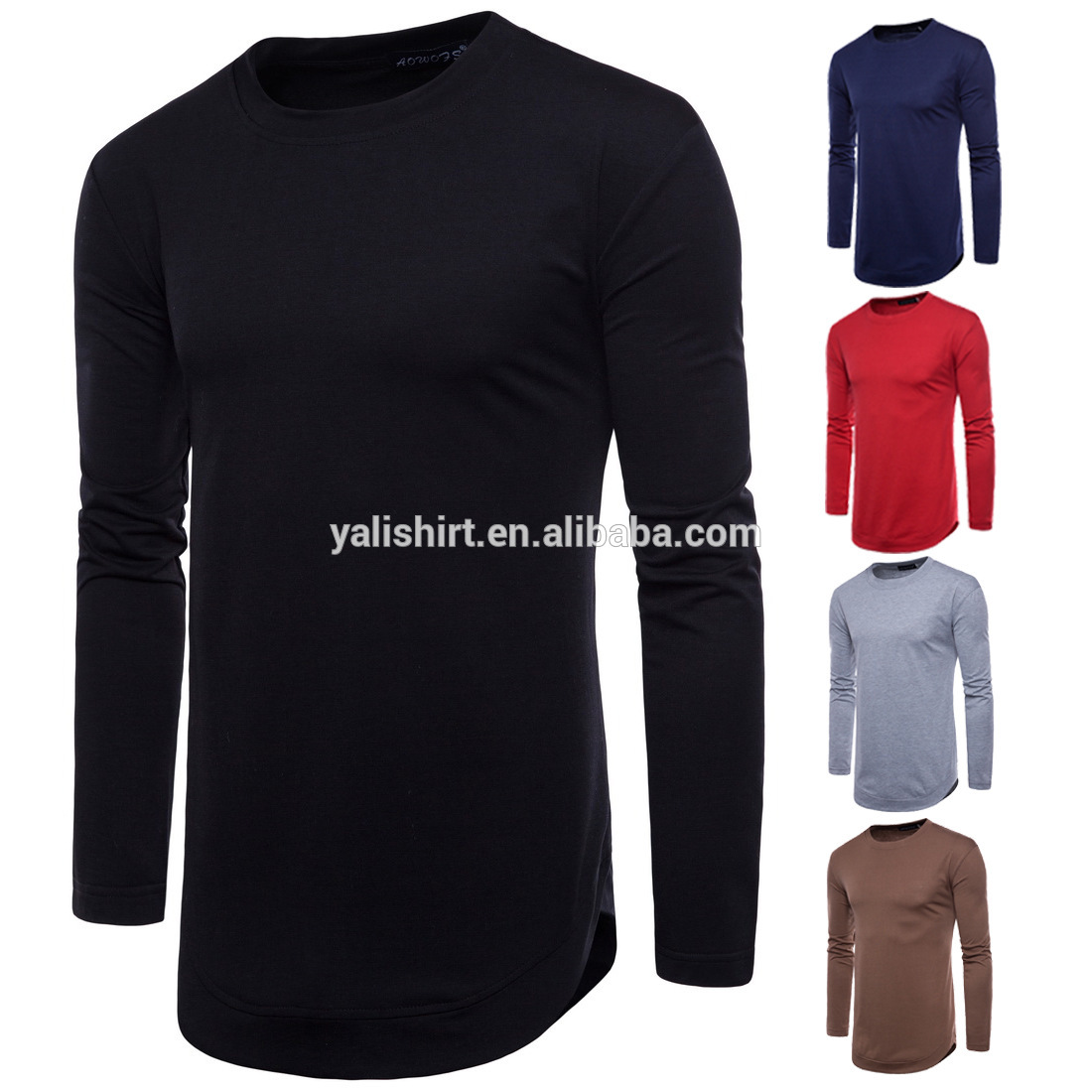 China factory wholesale cheap men blank longline curved hem long sleeves t shirt