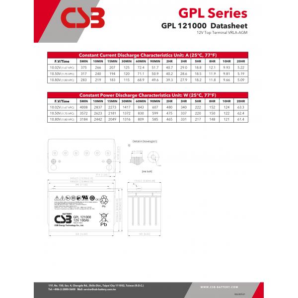 12V 100Ah CSB GPL121000 Maintenance-Free Sealed Lead-Acid Battery for Long-lasting