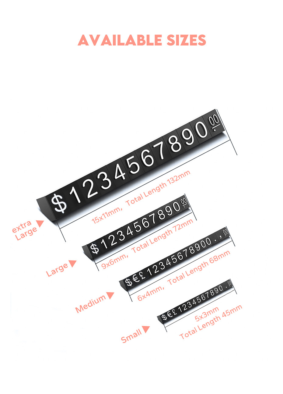 L9*6mm 100set jewellery display price digital cube Gold letters Black Background For Retail Shop display customizable
