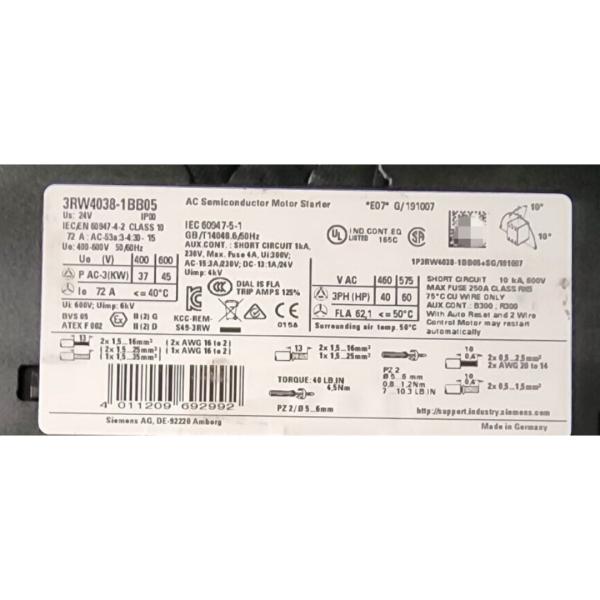Buy cheap SIEMENS 3RW4038-1BB05 SIRIUS SOFT STARTER S2 72 A, 45 KW/500 V, 40 °C 400-600 V AC, 24 V AC/DC SCREW TERMINALS from wholesalers