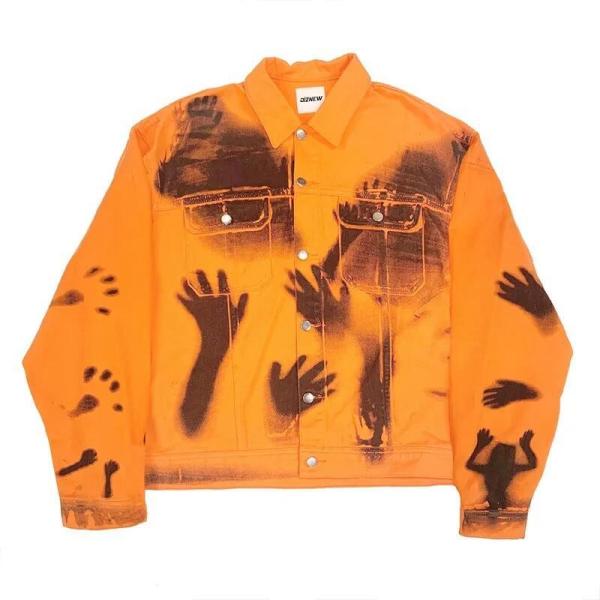 Buy cheap Jacket Button Orange Men′s Jackets & Coats Full Over Digital Printed Distressed Denim Jacket from wholesalers