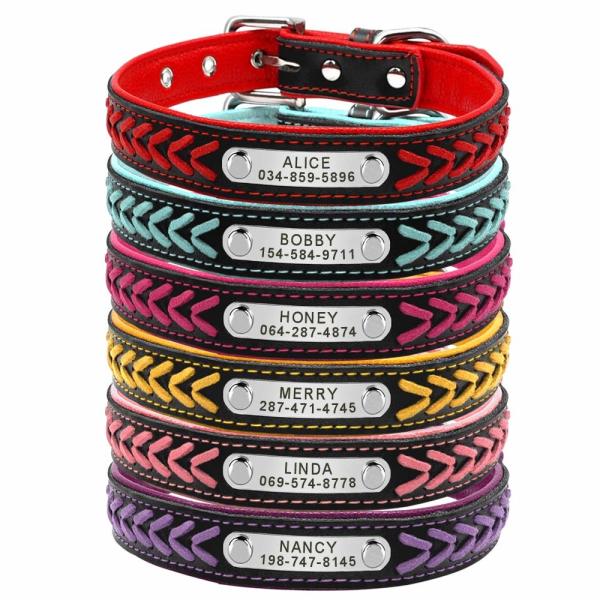 Personalized Nameplate Custom Leather Dog Collars , Braided Leather Engraved Dog
