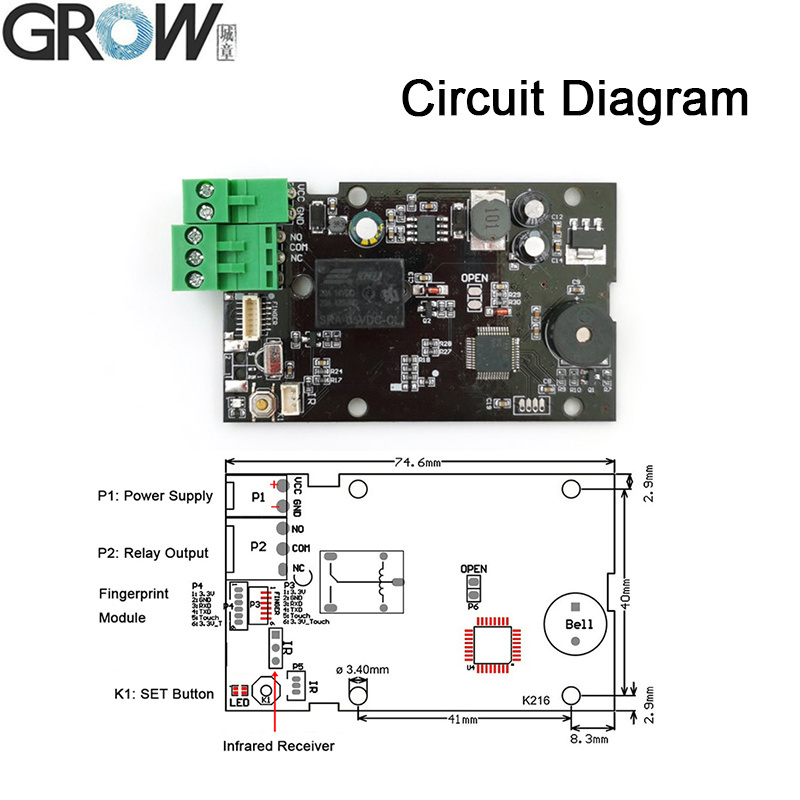 Grow Kl216+R502-Aw Round LED Fingerprint Access Control Board