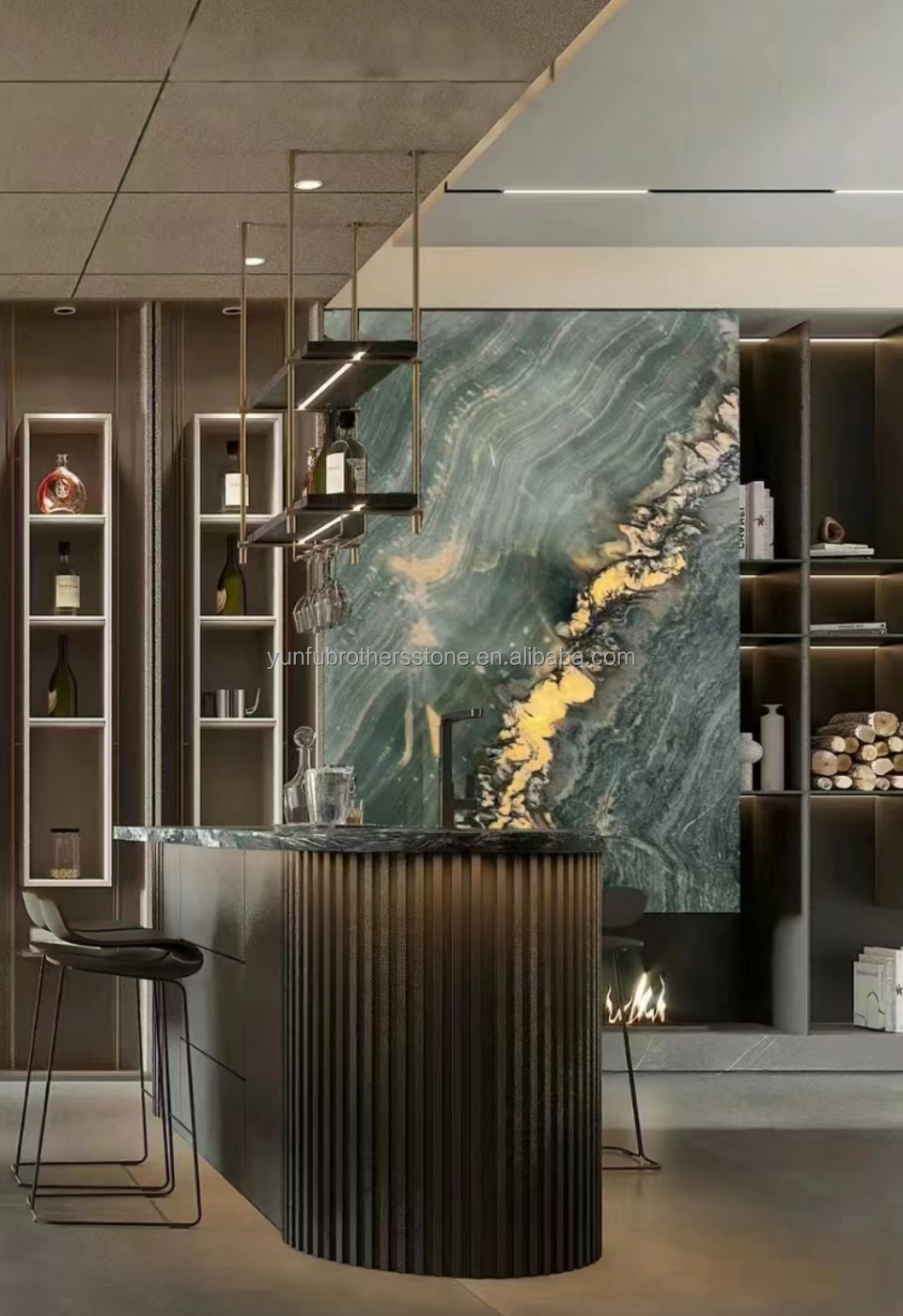 Modern Hotel Dining Table with Polished Green Marble Surface and Custom Graphic Design