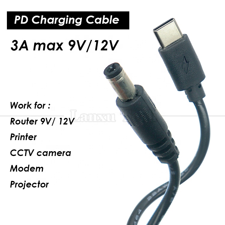 PD Charging 3A 9V 12V 15V 20V USB Type C to DC 5.5x2.1mm Jack Adapter Converter Cable for Wifi Router Modem Projector Camera