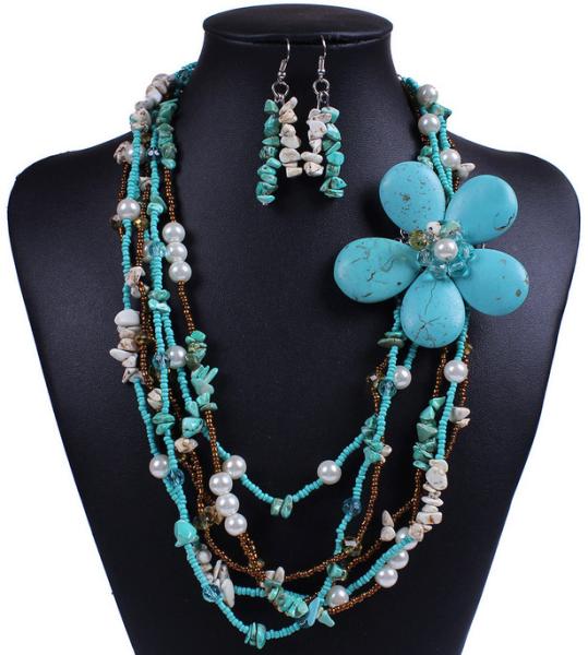 Buy cheap Exaggerated retro bohemian flower necklace turquoise Earrings Set from wholesalers